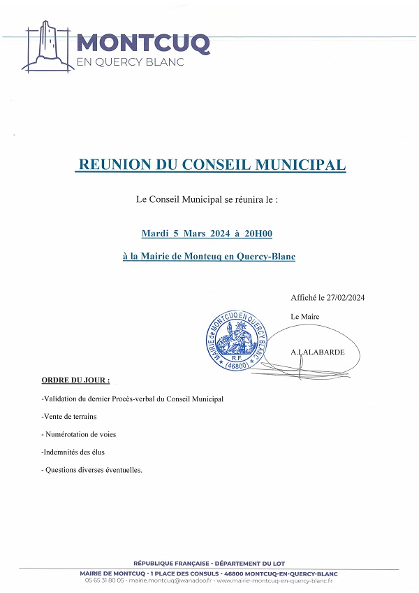 Réunion du Conseil Municipal le Mardi 5 Mars 2024
